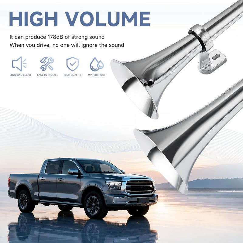 FARBIN Dual Trumpet Air Horn, 12V Train Horn for Truck with 2 Air Compressors,178dB Loud Horns for Any 12V Vehicles Trucks Pickups SUV Lorrys Boats (Silver Integrated Trumpet with Button) - Image 2